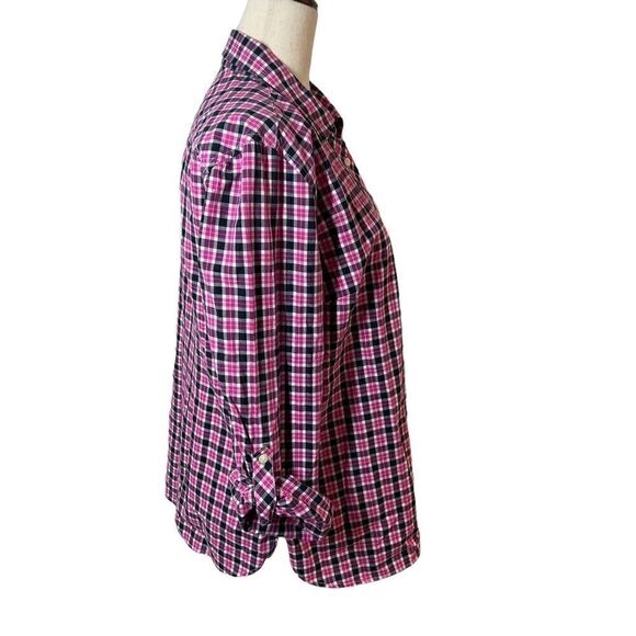 Talbots Pink + Navy Plaid Cotton Long Sleeve  Button Front Blouse Medium - Picture 5 of 8